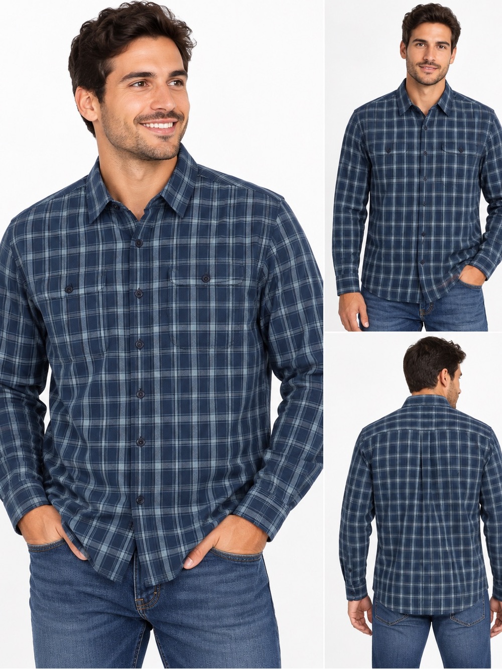 Patagonia Navy and Light Blue Plaid Long-Sleeve Button-Down Shirt size S